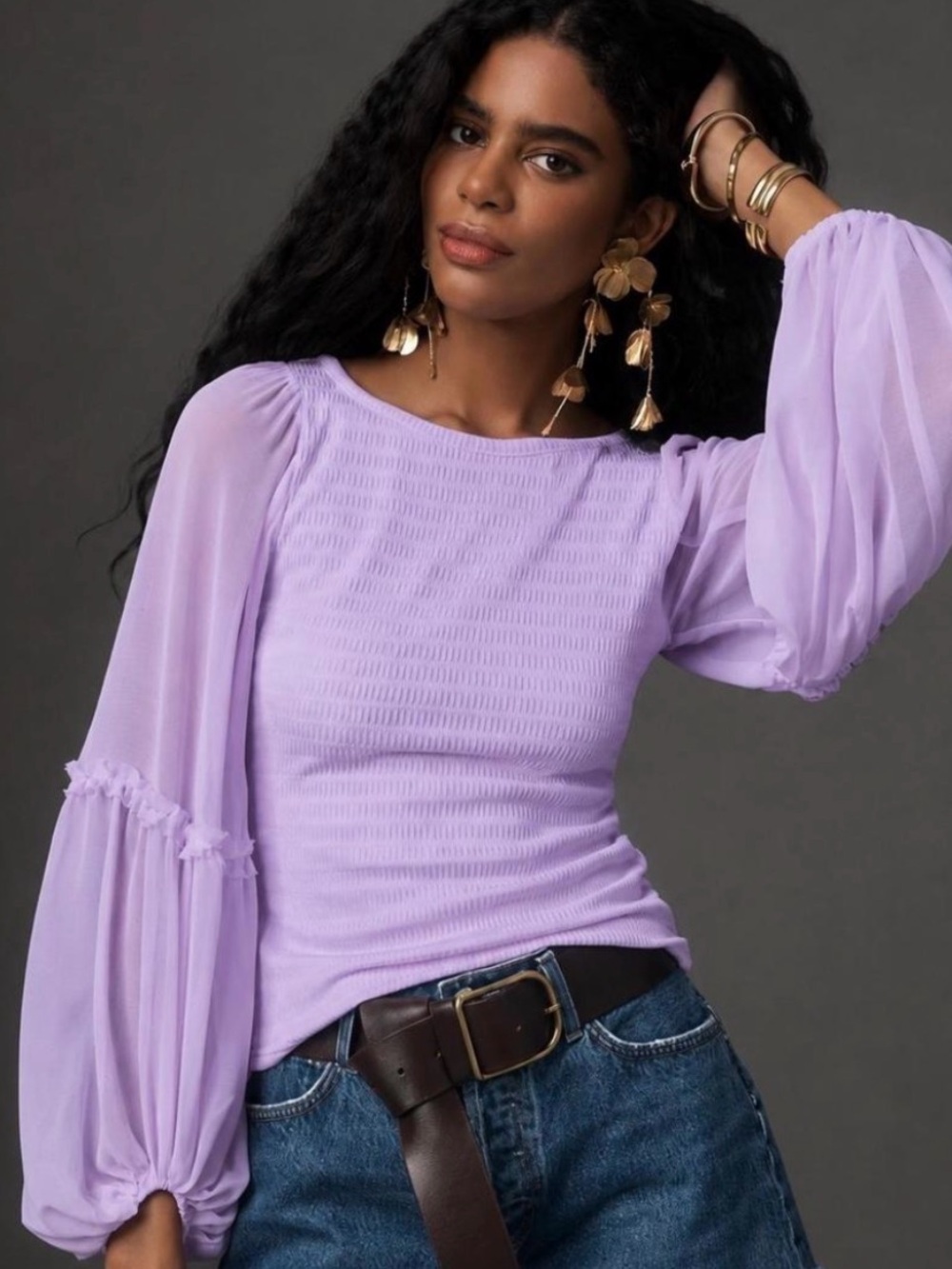 Anthropologie Lavender Smocked Bodice Puff-Sleeve Blouse